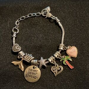 Silver-Tone Charm Bracelet with Pink Heart, Palm Tree and more. 8 Charms